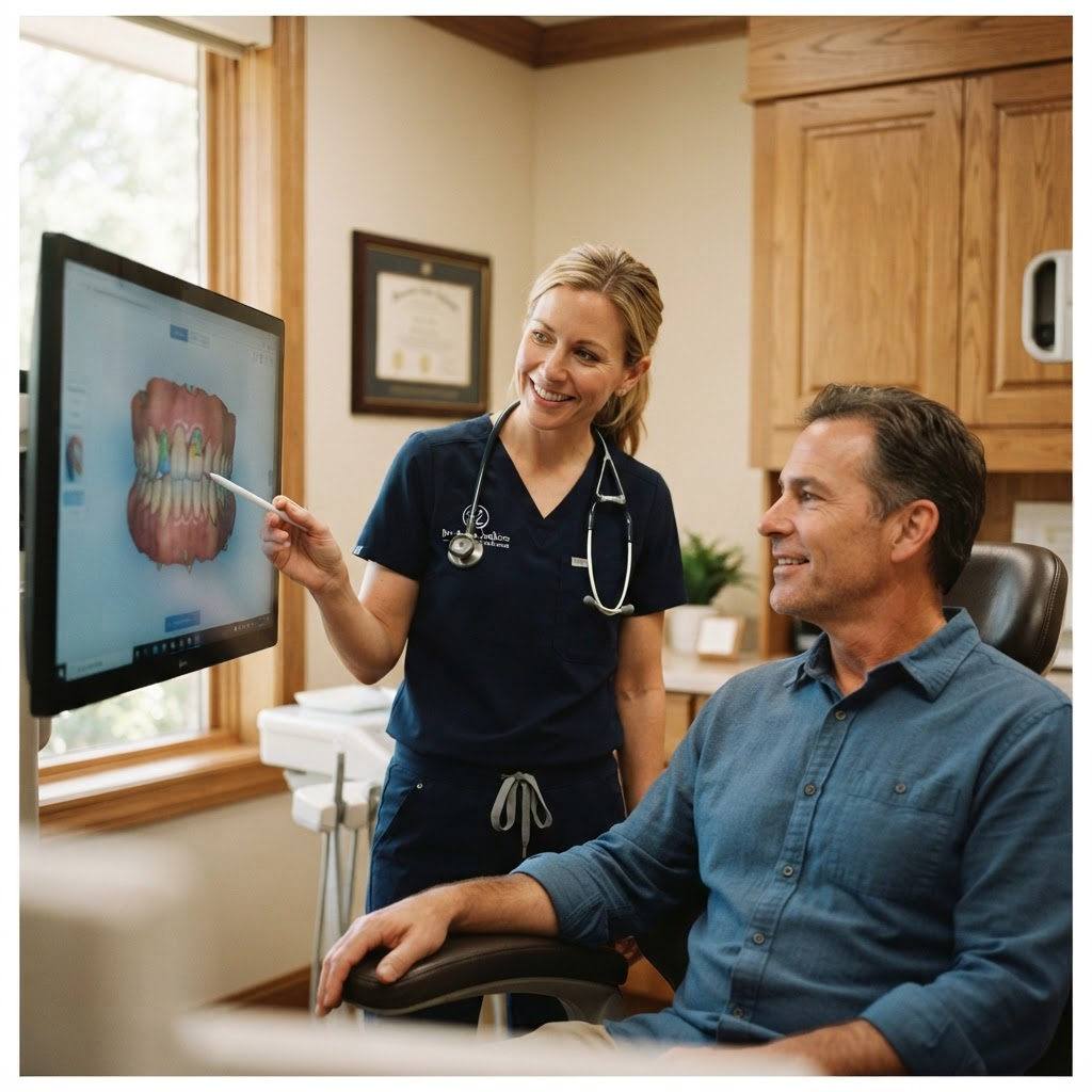 A dentist reviewing a 3D dental scan on a wall-mounted screen with a patient